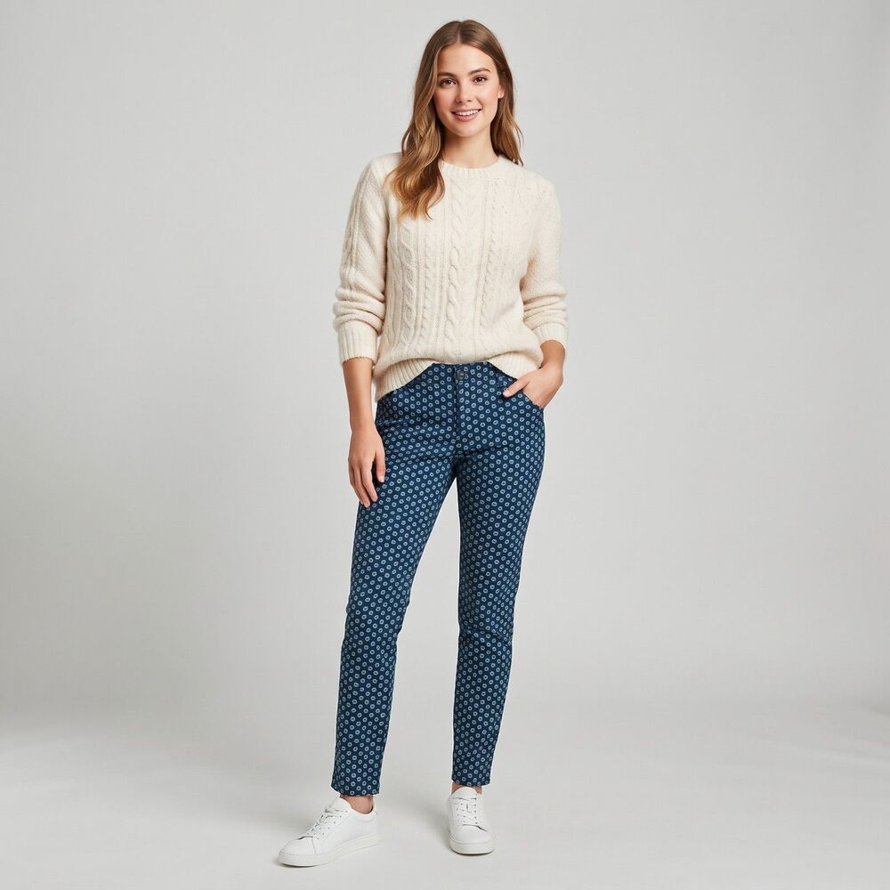 Orvis Women’s Ankle Trouser Pants 12 Blue Geometric Cotton Stretch CozyCore